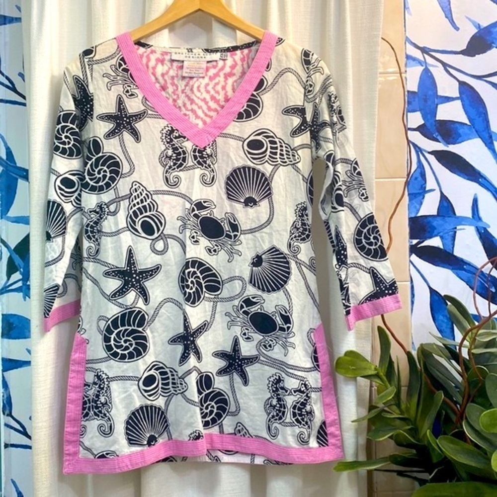 Women’s Gretchen Scott Designs Tunic/coverup White Navy pink seahorse print XS